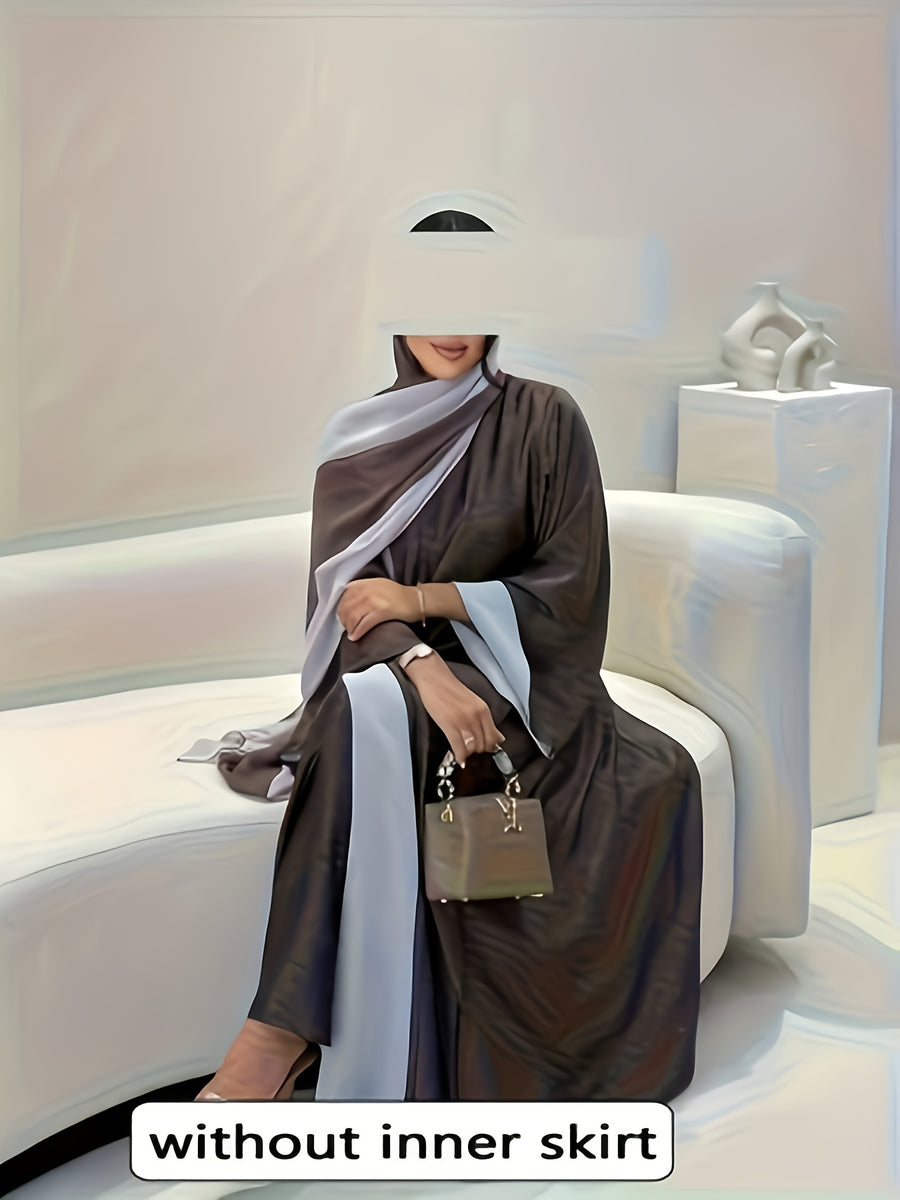 Eid 2026 New Women'S Elegant Fashion Batwing Sleeve Contrast Edge Cardigan Chiffon Dress Abayas Robe Women [With Headscarf], Easy Care Fabric, Machine Washable, Soft And Exquisite - 【Brown】