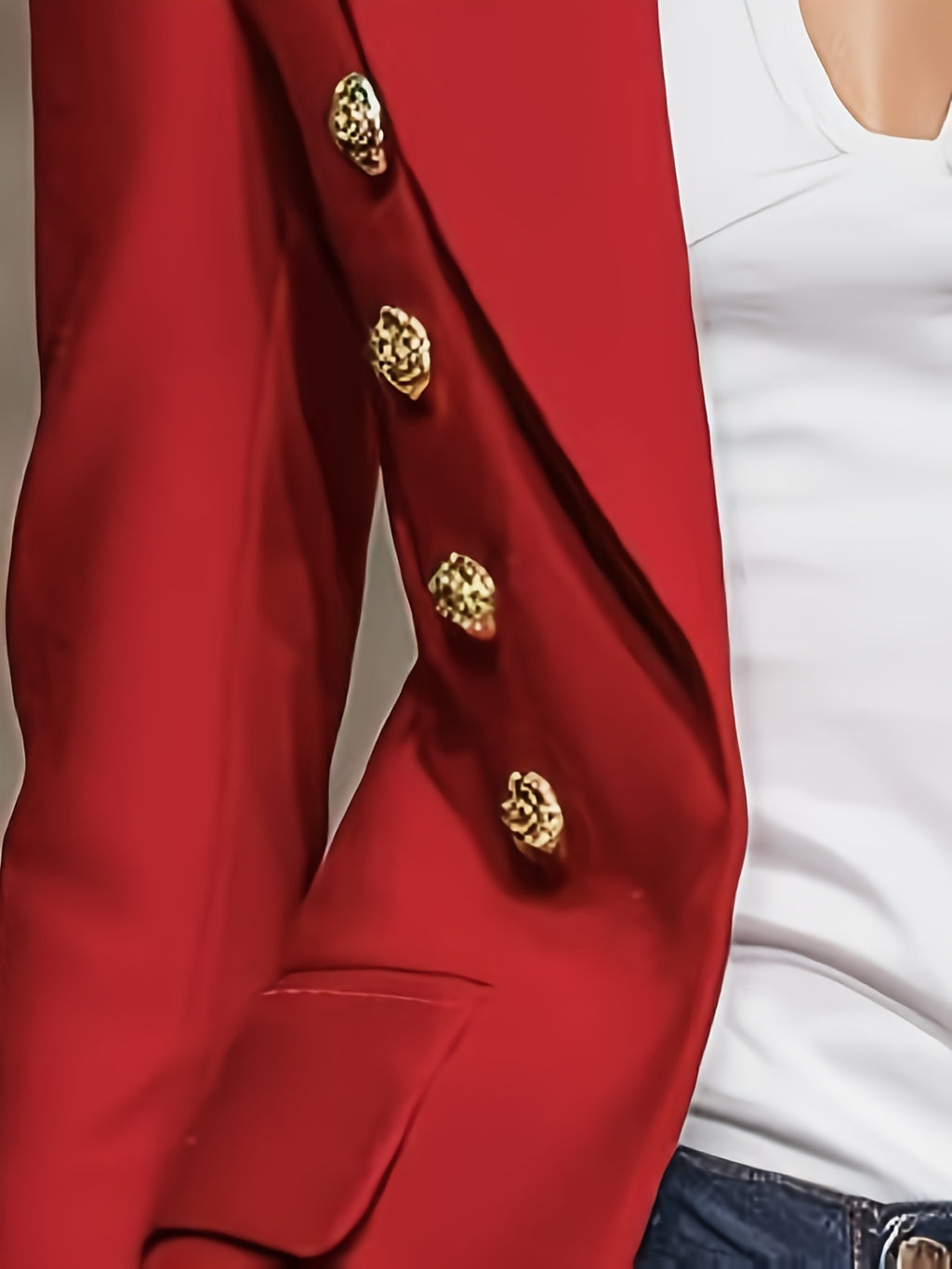 Elegant Women's Red Military-Style Blazer with Golden Embossing and Button Accents, Navy-Style Striped Cuffs, Suitable for Office Professional Attire and Party Dinner Jackets YYTT - Red