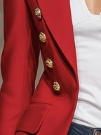 Elegant Women's Red Military-Style Blazer with Golden Embossing and Button Accents, Navy-Style Striped Cuffs, Suitable for Office Professional Attire and Party Dinner Jackets YYTT - Red