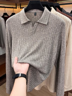 Men's Buttonless V-Neck Long-Sleeve Polo Shirt with Vertical Stripe Knit Lapel - Light Grey
