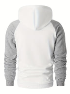 Men's Trendy Patchwork Print Hooded Sweatshirt, Casual Daily Wear Sporty Pullover, Autumn Essentials - White + light gray