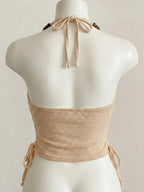 Women's Beige Camisole Top - Beaded Crochet Hollow Out Sleeveless Backless Blouse Crop Shirt, Semi-Sheer Hanging Neckline Beachwear, Machine Washable Country Style Workwear Suitable for Party, Vacation & Everyday Elegant Outfits - Apricot