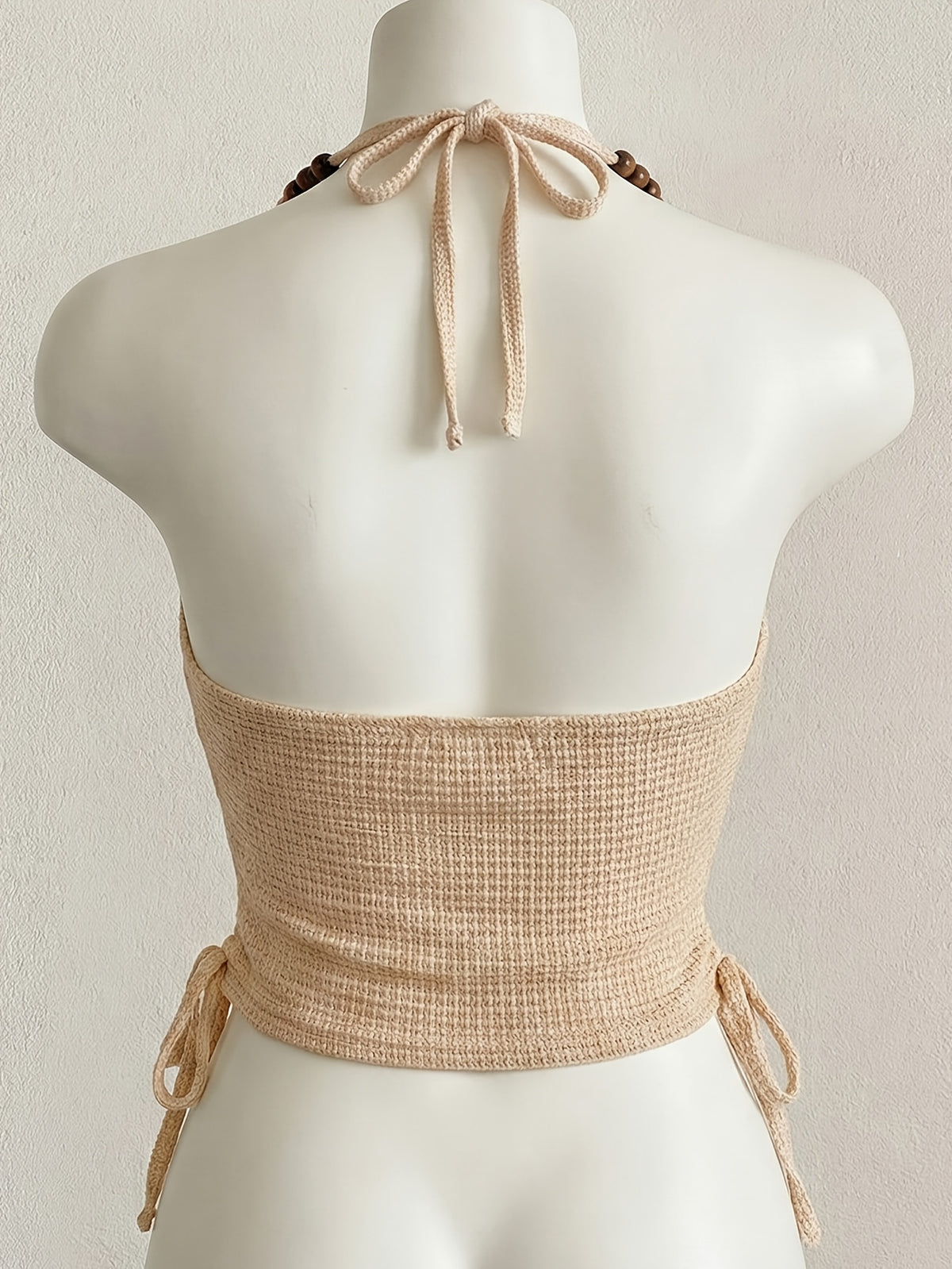 Women's Beige Camisole Top - Beaded Crochet Hollow Out Sleeveless Backless Blouse Crop Shirt, Semi-Sheer Hanging Neckline Beachwear, Machine Washable Country Style Workwear Suitable for Party, Vacation & Everyday Elegant Outfits - Apricot