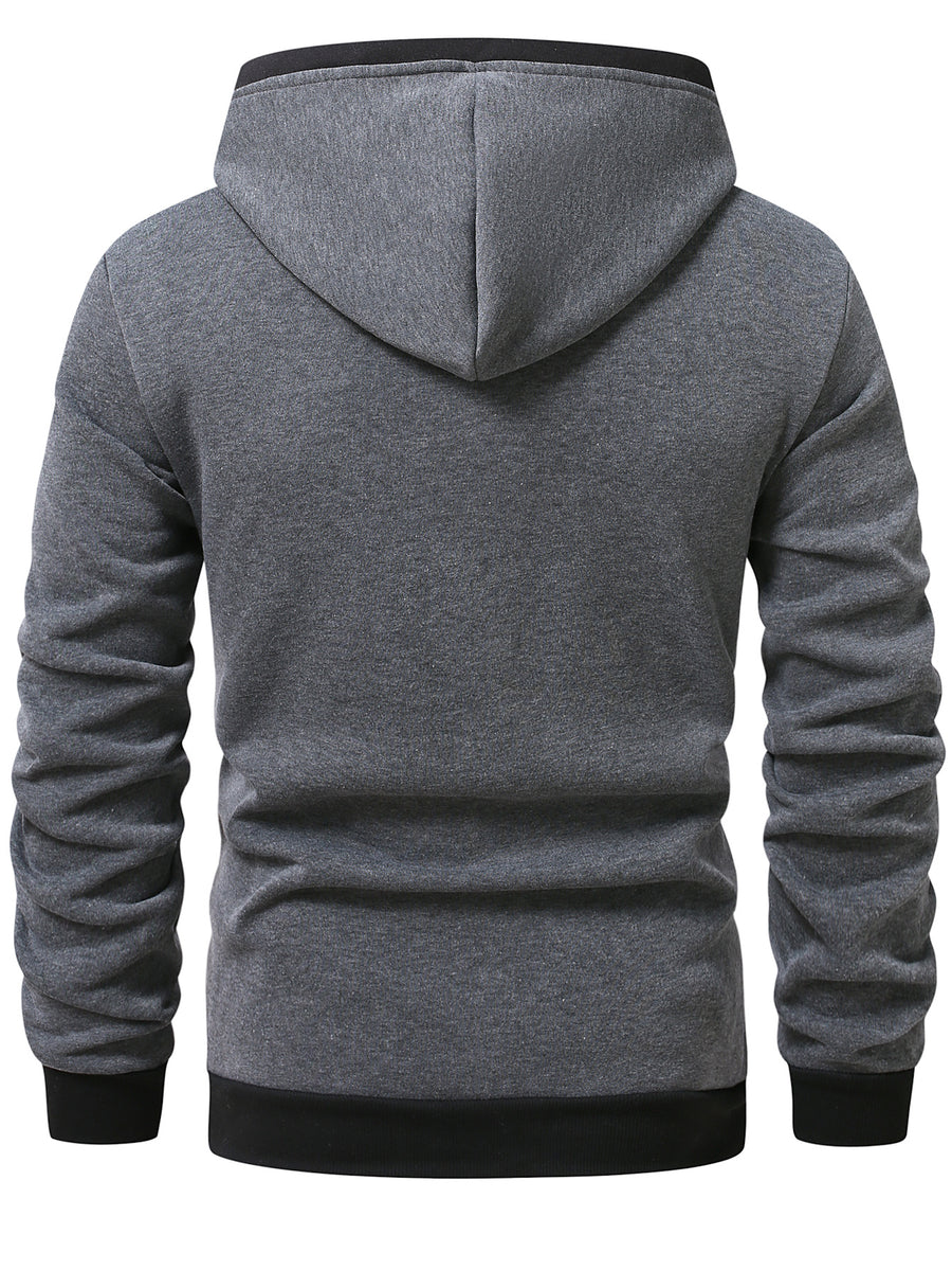 Men'S Color-Block Hooded Cardigan College Style Sweatshirt Casual Fashion Jacket Design Black Pattern Print Fleece Warm Autumn And Winter Long-Sleeved Top - Dark Gray