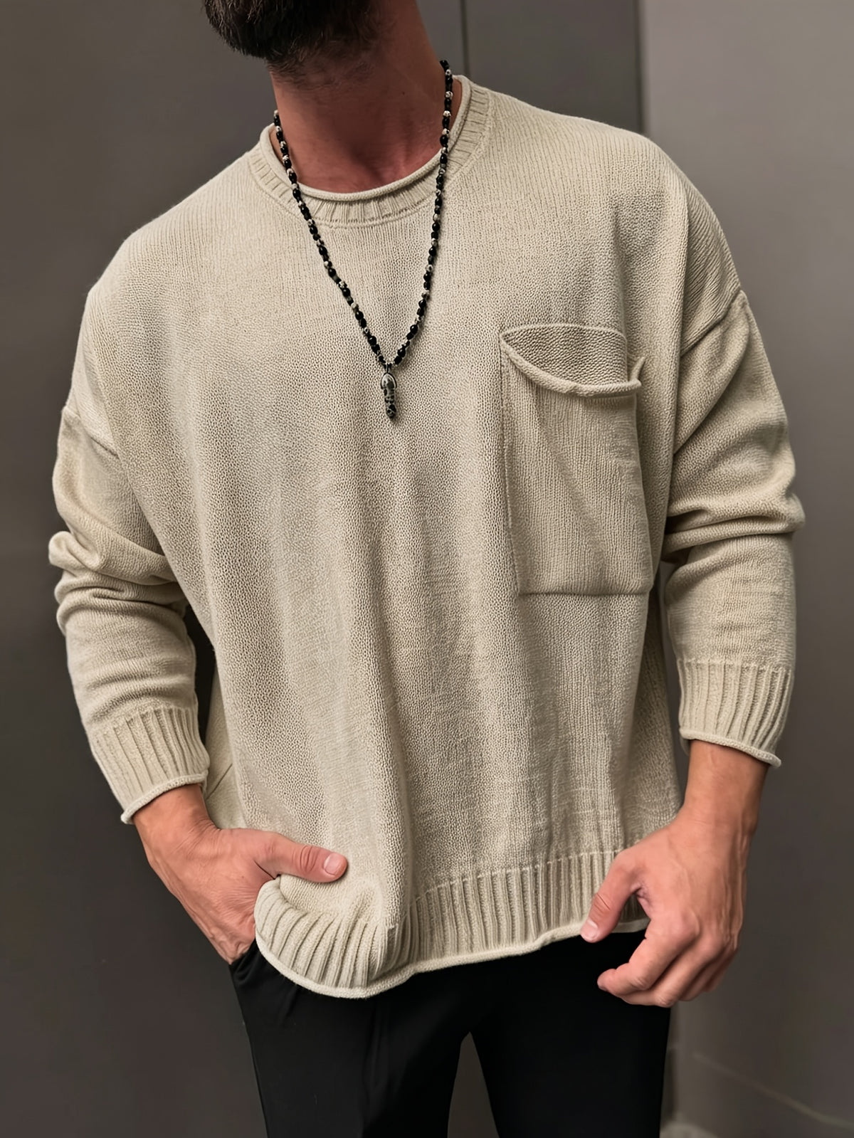 Men'S Round Neck Knit Pullover Sweater, Soft Long Sleeve Sweater for Autumn And Winter, Casual Wear - Apricot