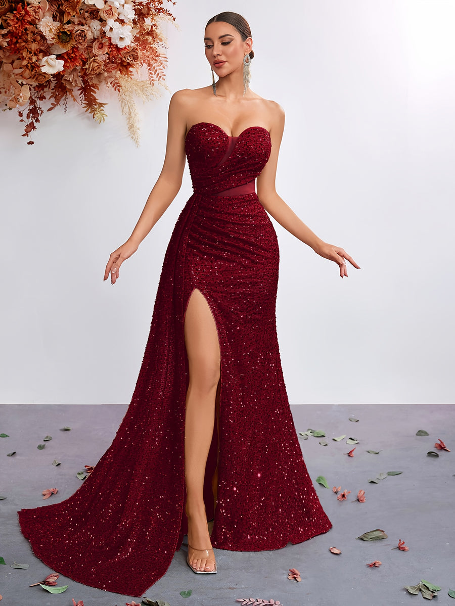 Sequined Sweetheart Neckline Mesh Panel High-Waist Long Scarf-Tie Slit Ball Gown Party Evening Dress - Burgundy