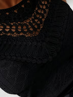 Jacquard Halter Neck Lace Trim Sleeveless Vest Casual Slim Fit Mesh Top - Black