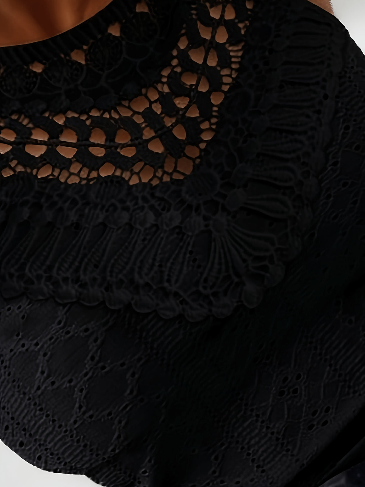 Jacquard Halter Neck Lace Trim Sleeveless Vest Casual Slim Fit Mesh Top - Black