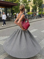 Women's Elegant Black & White Plaid V-Neck Sleeveless A-Line Dress with Backless Waist-Cinching - Bridesmaid Dress Suitable for Commuting, Dates, Weddings, Daily Wear, Machine Washable Office to Outfits - Black