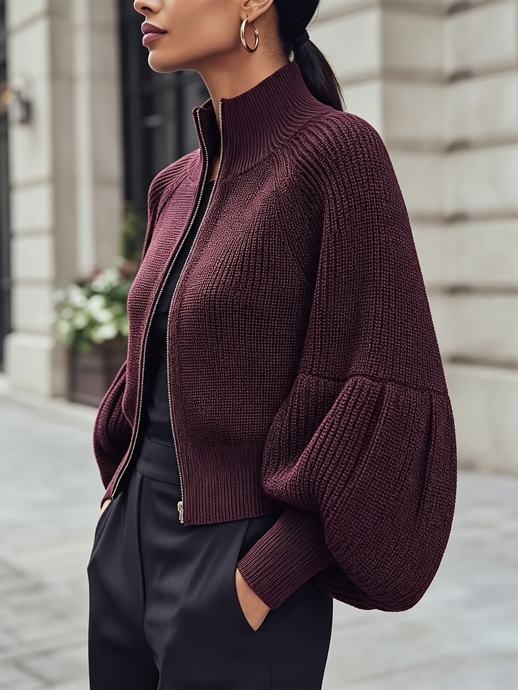 New Autumn/Winter 2026 Commuter Style Stand Collar Zipper Short Cardigan - Burgundy