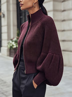 New Autumn/Winter 2026 Commuter Style Stand Collar Zipper Short Cardigan - Burgundy