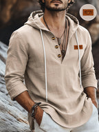 Men'S Fashion Hoodie Linen Long Sleeve Hooded Top Shirt Henley Shirt Linen Texture Hooded Henley Long Sleeve Shirt Men'S Half Button Wooden Button Drawstring Hoodie Vacation Style Loose Roll-Up Sleeve Casual Top 3pcs Set - Khaki*3