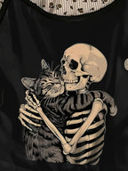 Casual and Simple Spaghetti Strap Tank Top with Skull, Cat, and Music Festival Prints, Perfect for Summer Vacations - Black