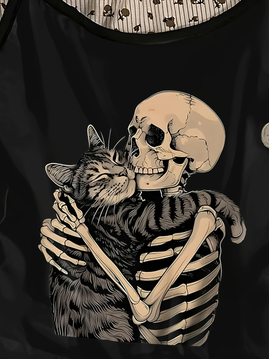 Casual and Simple Spaghetti Strap Tank Top with Skull, Cat, and Music Festival Prints, Perfect for Summer Vacations - Black