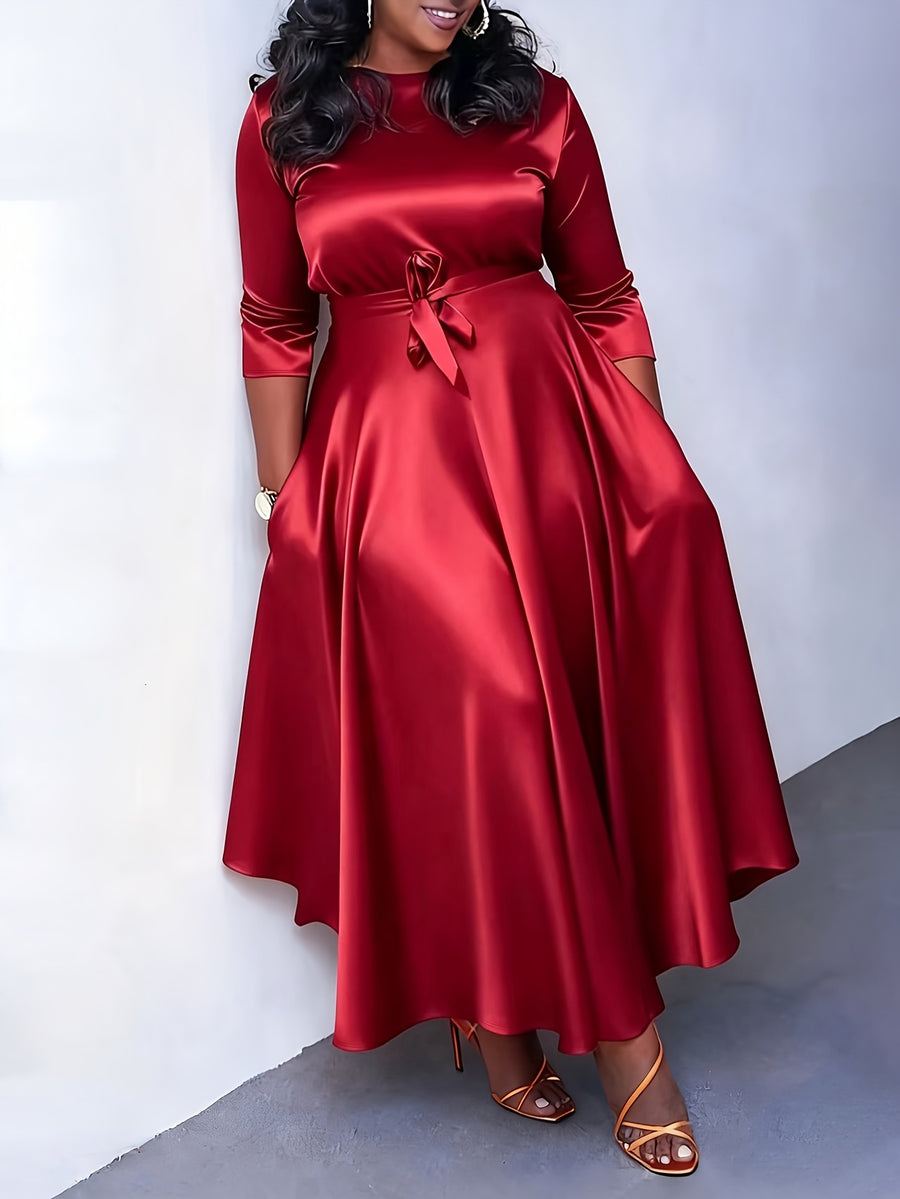 Western Fashion Temperament Solid Round Neck Tie-Up Three-Quarter Sleeve Dress - Burgundy