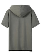 Summer Short-Sleeve Hooded Sport T-Shirt, Casual Fashion Versatile Style Men's Top,  Trendy 2-in-1 Look Hem, Drawstring Hooded Short-Sleeve Design - Gray Green