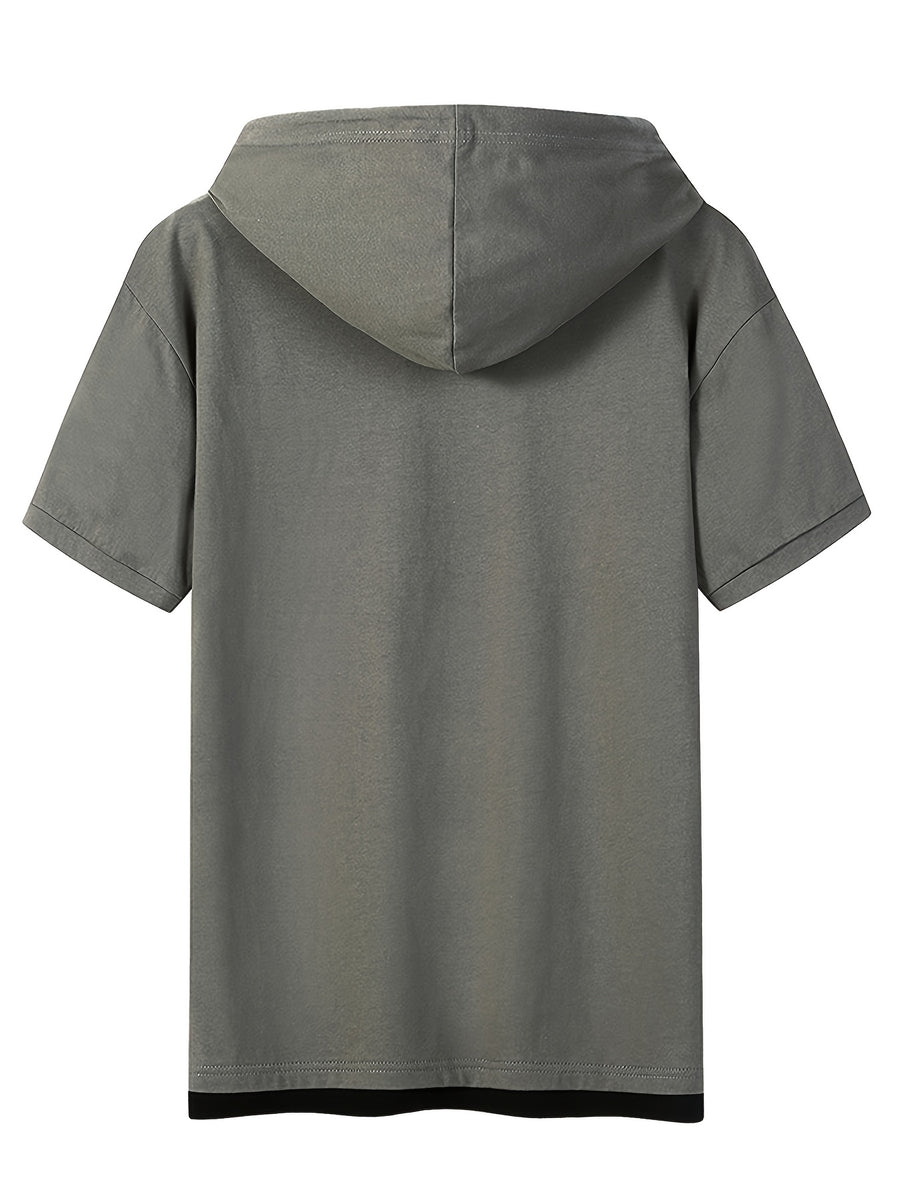 Summer Short-Sleeve Hooded Sport T-Shirt, Casual Fashion Versatile Style Men's Top,  Trendy 2-in-1 Look Hem, Drawstring Hooded Short-Sleeve Design - Gray Green