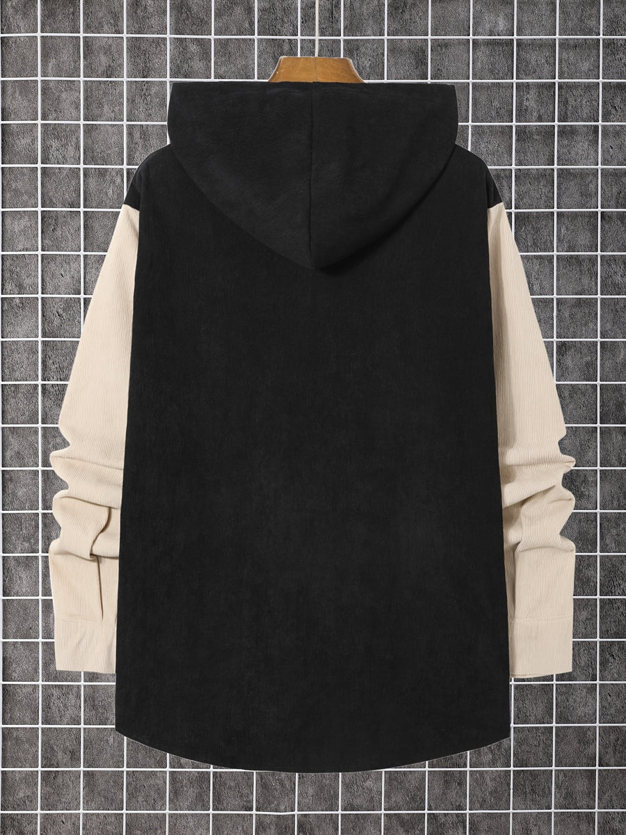 Color-Block Hooded Long Sleeve Shirt Men'S Jacket Spring Autumn Casual Versatile Shirt - Black