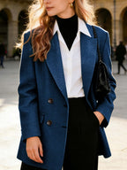 In-Stock Item 25YX043# Women's European and American Style Elegant Blue and White Checkered Blazer, 1pc Double-Breasted Suit Jacket, Loose Fit Cut with Slight Contour Design, Flattering to Various Body Types. The Classic Double-Breasted Design - Navy Color
