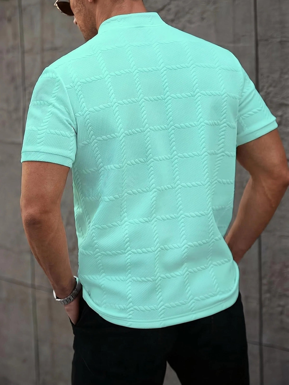 New Cross-Border Men's Fashion Summer Wear, Casual Sporty Short Sleeve Stand Collar Henley Shirt - Green