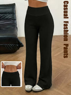 Women'S Tummy Control Striped Loose Low-Rise Casual Long Pants - Black