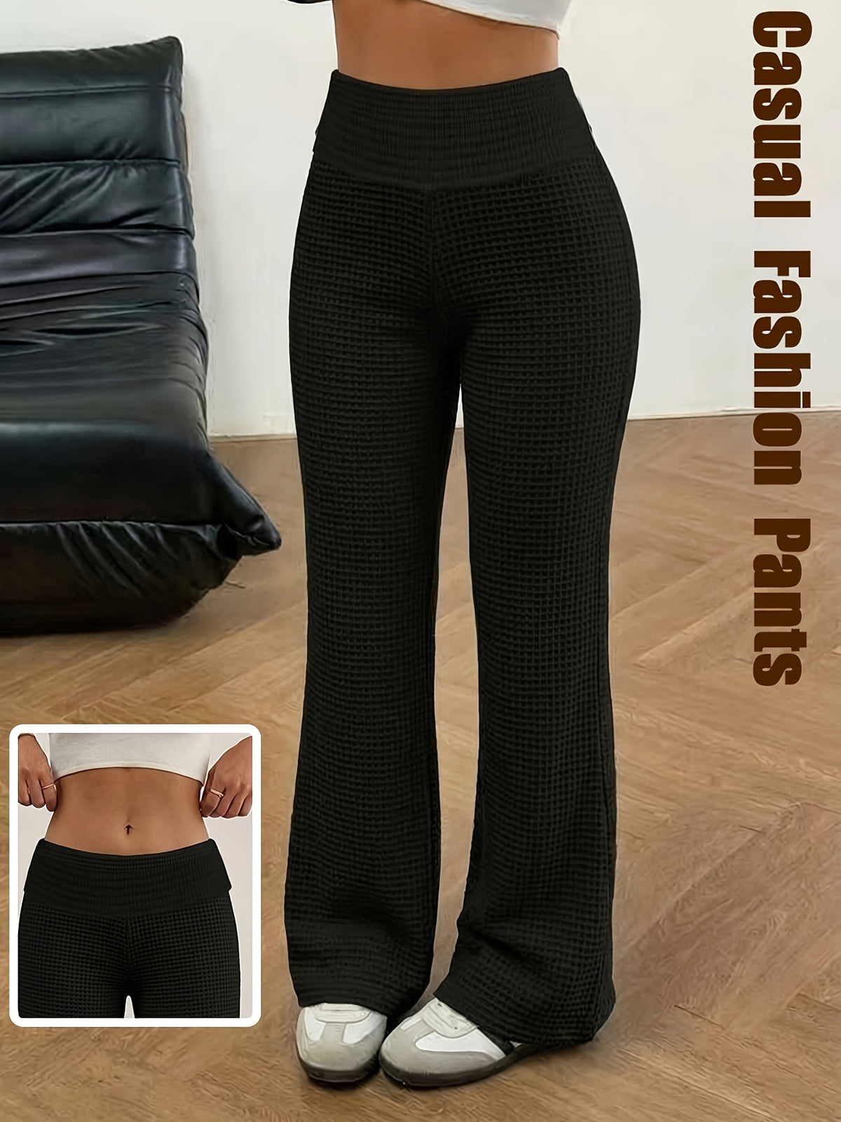Women'S Tummy Control Striped Loose Low-Rise Casual Long Pants - Black