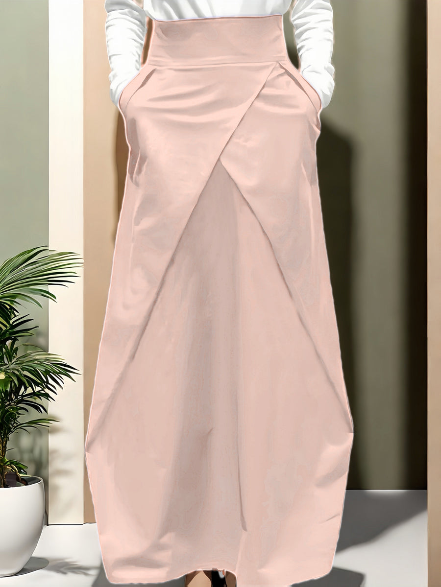 Ladies' Elegant High-Waisted Solid Color Skirt with Elastic Waistband and Pockets - Versatile Midi Summer Dress, Machine Washable, Suitable for Holiday Casual or Office Wear - Beach Outing - Opaque Material - Pink