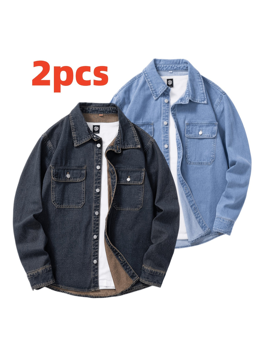 Men's Two-pc Non-Stretch Denim Shirts, Vintage Washed Workwear Long Sleeve Loose Fit Versatile Casual Jackets - Nostalgia + Light Blue