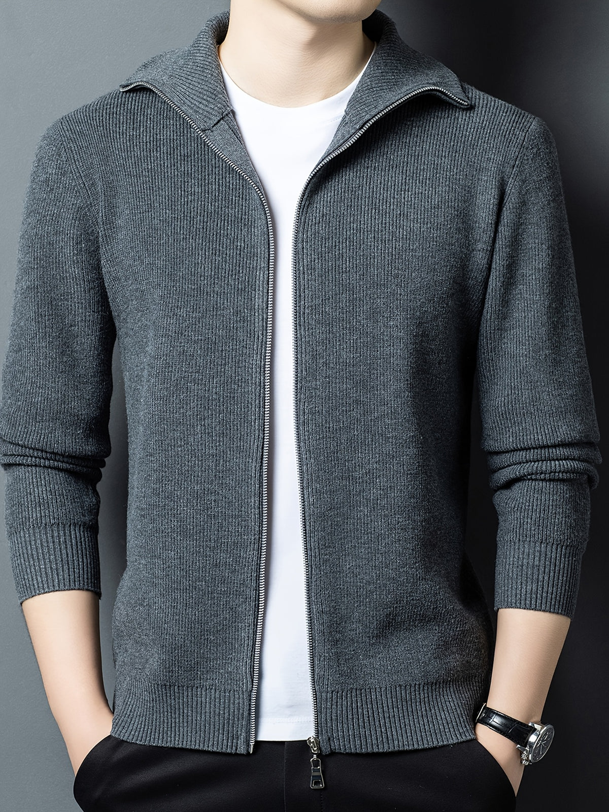 Lapel Full-Zip Knit Cardigan Jacket, Versatile And Practical - SINBOS - Dark Gray