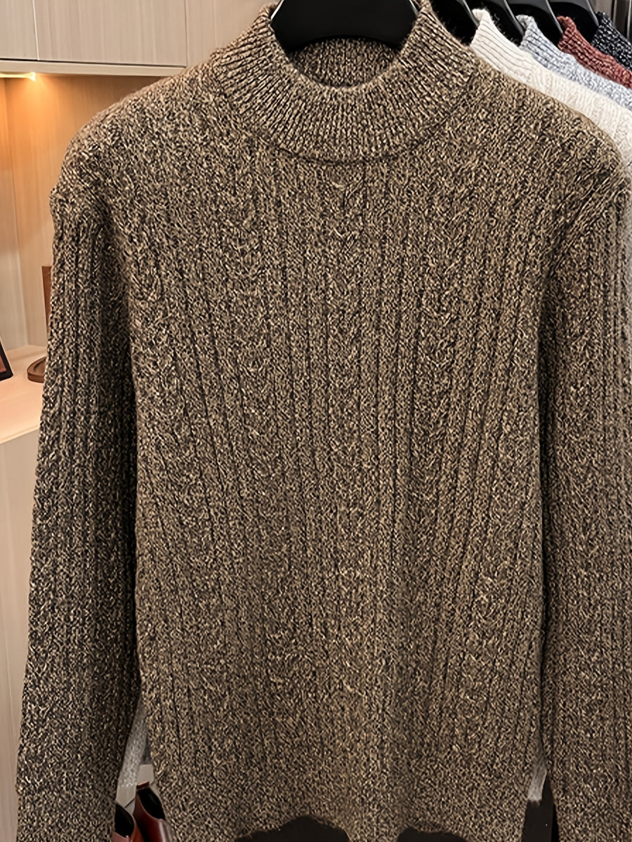 Men'S Semi-High Neck Jacquard Knit Sweater, Yarn Blend Thick Textured Velvet Base Layer, Stable Business Autumn Winter Knit Top - SINBOS - Little Flower Coffee