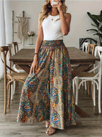 Women's Paisley Print High-Waisted Wide-Leg Pants, Elegant Non-Stretch Fabric + Dense Hem Gathering Craftsmanship, Loose Fit for Spring, Summer, and Autumn, Paisley Print Wide-Leg Pants with Hip-Covering Effect, Ideal for Vacation Photoshoots - Khaki