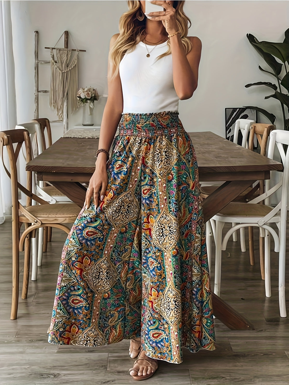 Women's Paisley Print High-Waisted Wide-Leg Pants, Elegant Non-Stretch Fabric + Dense Hem Gathering Craftsmanship, Loose Fit for Spring, Summer, and Autumn, Paisley Print Wide-Leg Pants with Hip-Covering Effect, Ideal for Vacation Photoshoots - Khaki