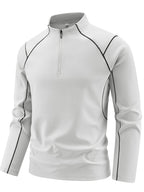 Single Pc Men'S Multi-Color Elastic Sports Fabric Long Sleeve Shirt, Half-Zipper Stand Collar, Contrast Line Decoration, Drop Shoulder Structure, Easy Techwear Style, Spring/Autumn Fit Waist-Cinching Shape - Cloud Frost White