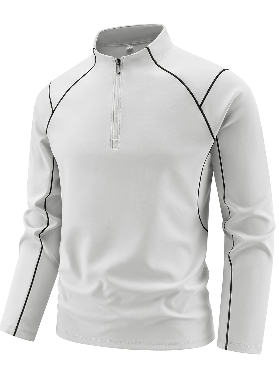 Single Pc Men'S Multi-Color Elastic Sports Fabric Long Sleeve Shirt, Half-Zipper Stand Collar, Contrast Line Decoration, Drop Shoulder Structure, Easy Techwear Style, Spring/Autumn Fit Waist-Cinching Shape - Cloud Frost White