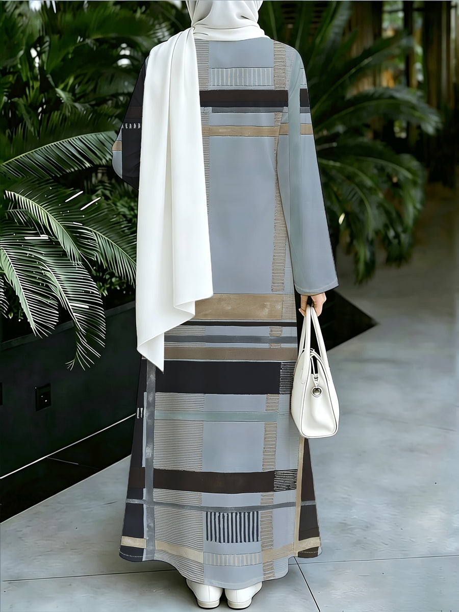 1pc 2D Flat Geometric Color Block Stripes Muslim Dress Women'S Loose-Fitting Long-Sleeved Printed Robe - Daily Commuting & Home Wear - Eid Festival Attire Abayas - Sea Blue