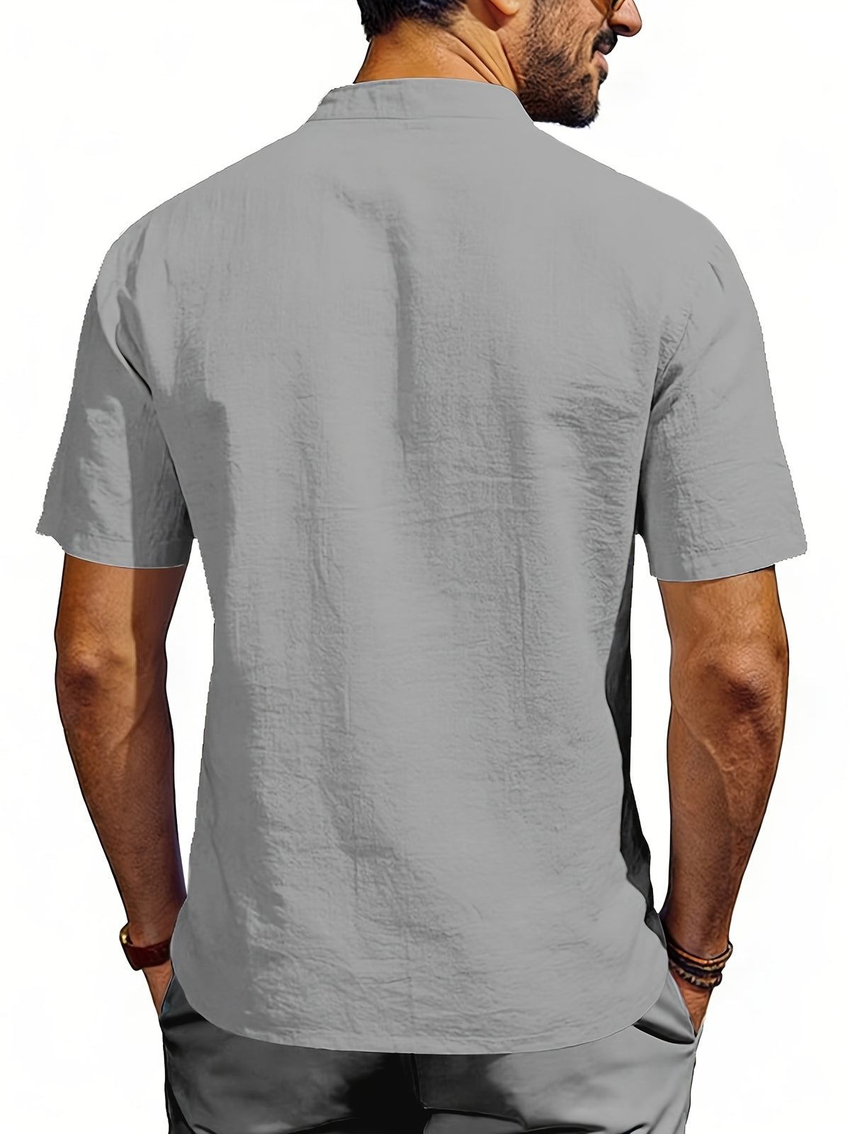Men's Outdoor Travel Business Simple and Stylish Solid Color V-Neck Half-Open Placket Summer Breathable Comfortable Casual Short-Sleeve Henley Collar T-Shirt - Grey