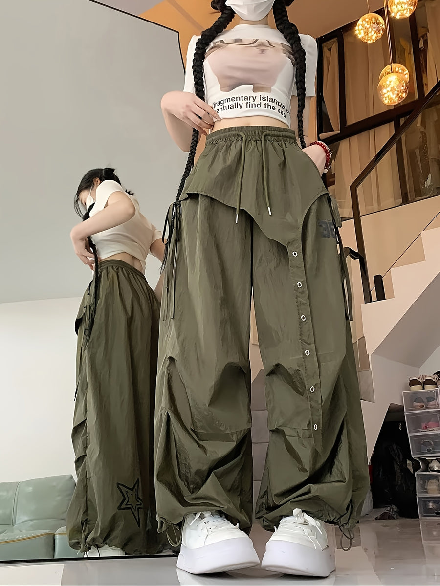 Spring And Autumn Women'S Korean-Style Irregular Design Jazz Street Dance Wide-Leg Pants - Army Green