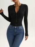 Zip-up Slim-fit Long-sleeve T-shirt, Ribbed Stretchy Base Layer Top, Hot Cropped Crewneck Top, Top with Thumbholes, Solid-color Slim-fit Inner Layer - Black
