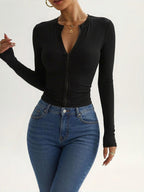 Zip-up Slim-fit Long-sleeve T-shirt, Ribbed Stretchy Base Layer Top, Hot Cropped Crewneck Top, Top with Thumbholes, Solid-color Slim-fit Inner Layer - Black
