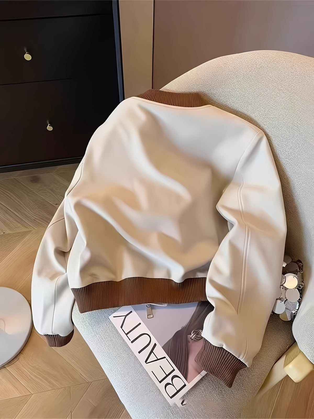 Women'S Casual Zipper Color-Block Jacket with Pockets, Elastic Cuffs And Hem, All-Season Wearable Coat - Off-white
