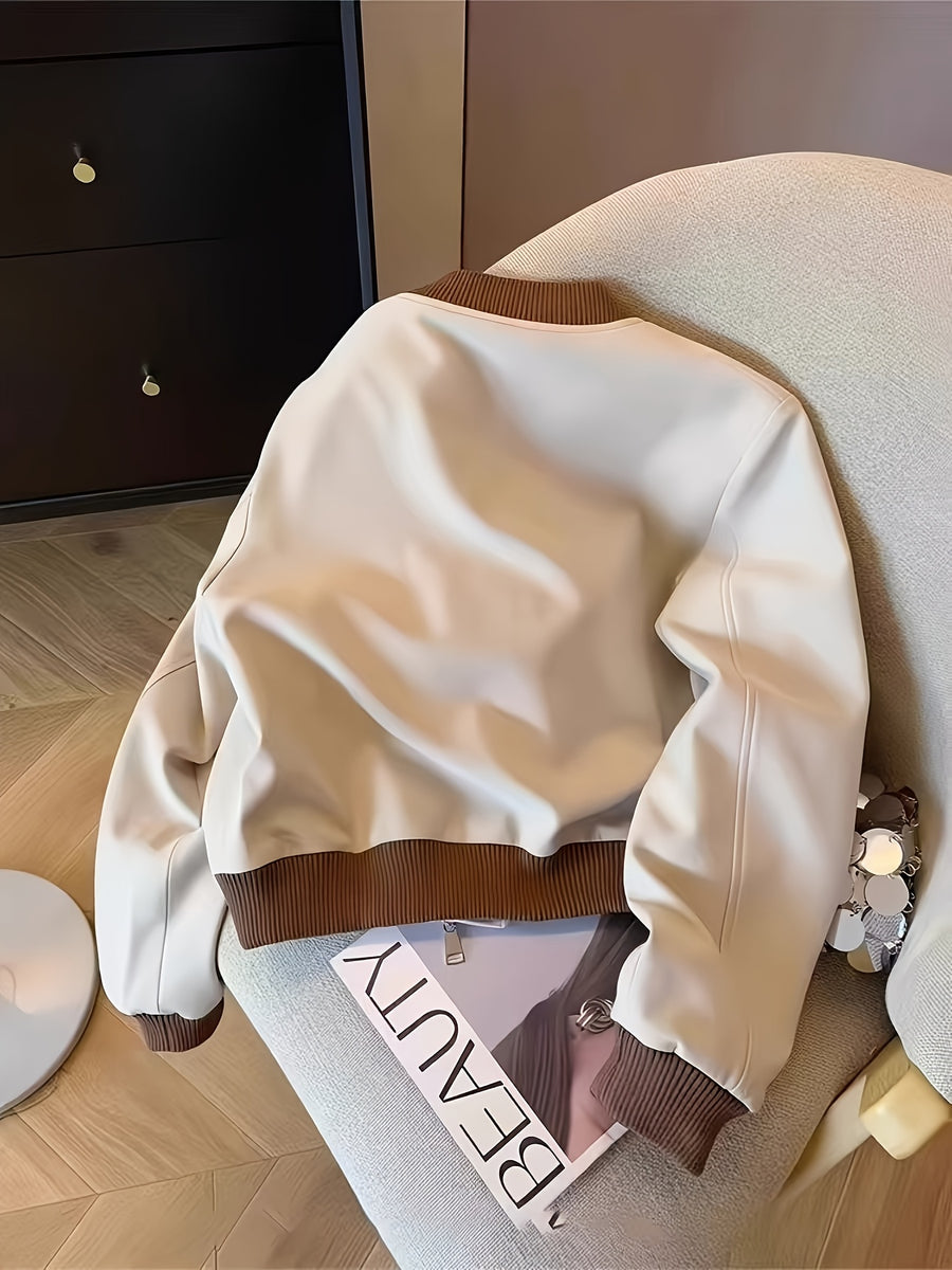 Women'S Casual Zipper Color-Block Jacket with Pockets, Elastic Cuffs And Hem, All-Season Wearable Coat - Off-white