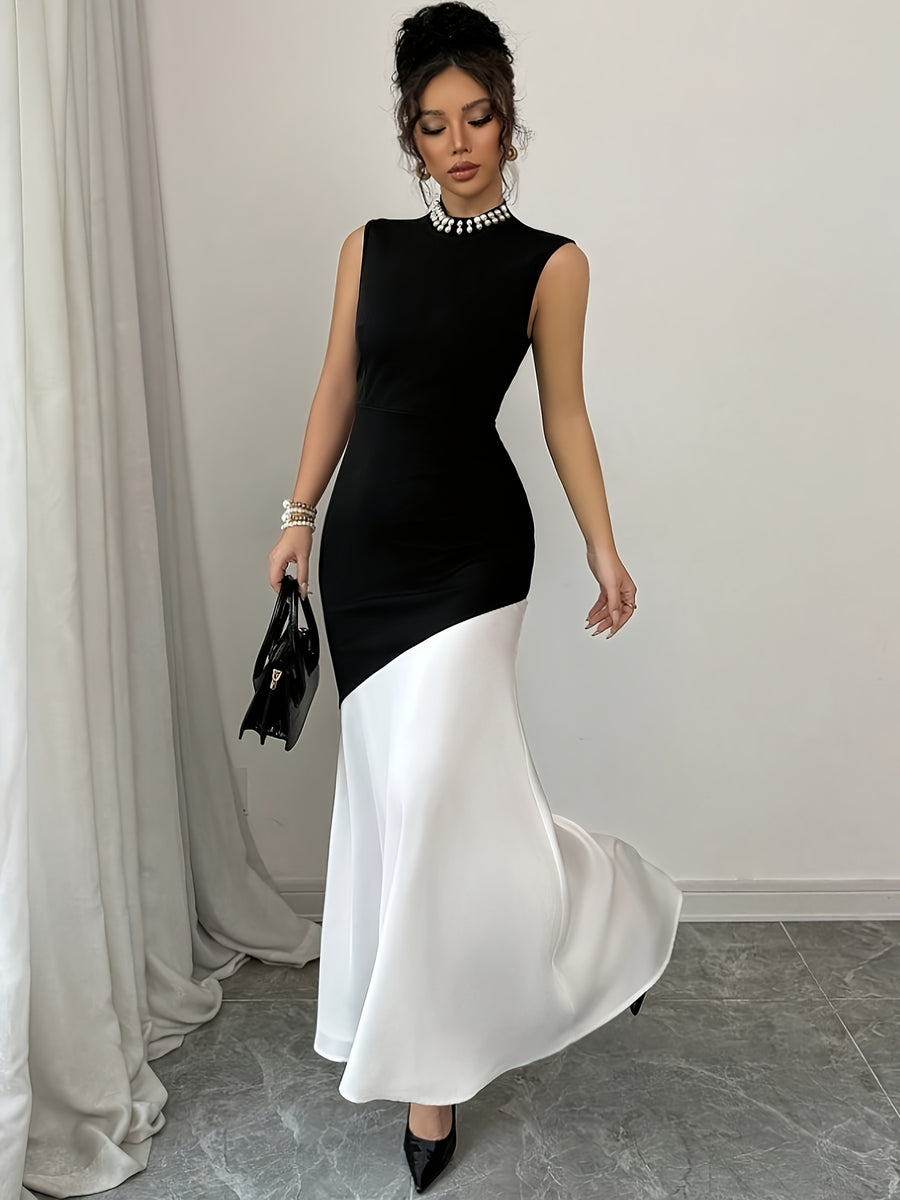 YY0424132 Women's Elegant, Simple, Precise, Romantic, Dating, Party, Casual, Vacation, Color-Blocked, Bodycon, Black, Midi Bridesmaid Dress - Black
