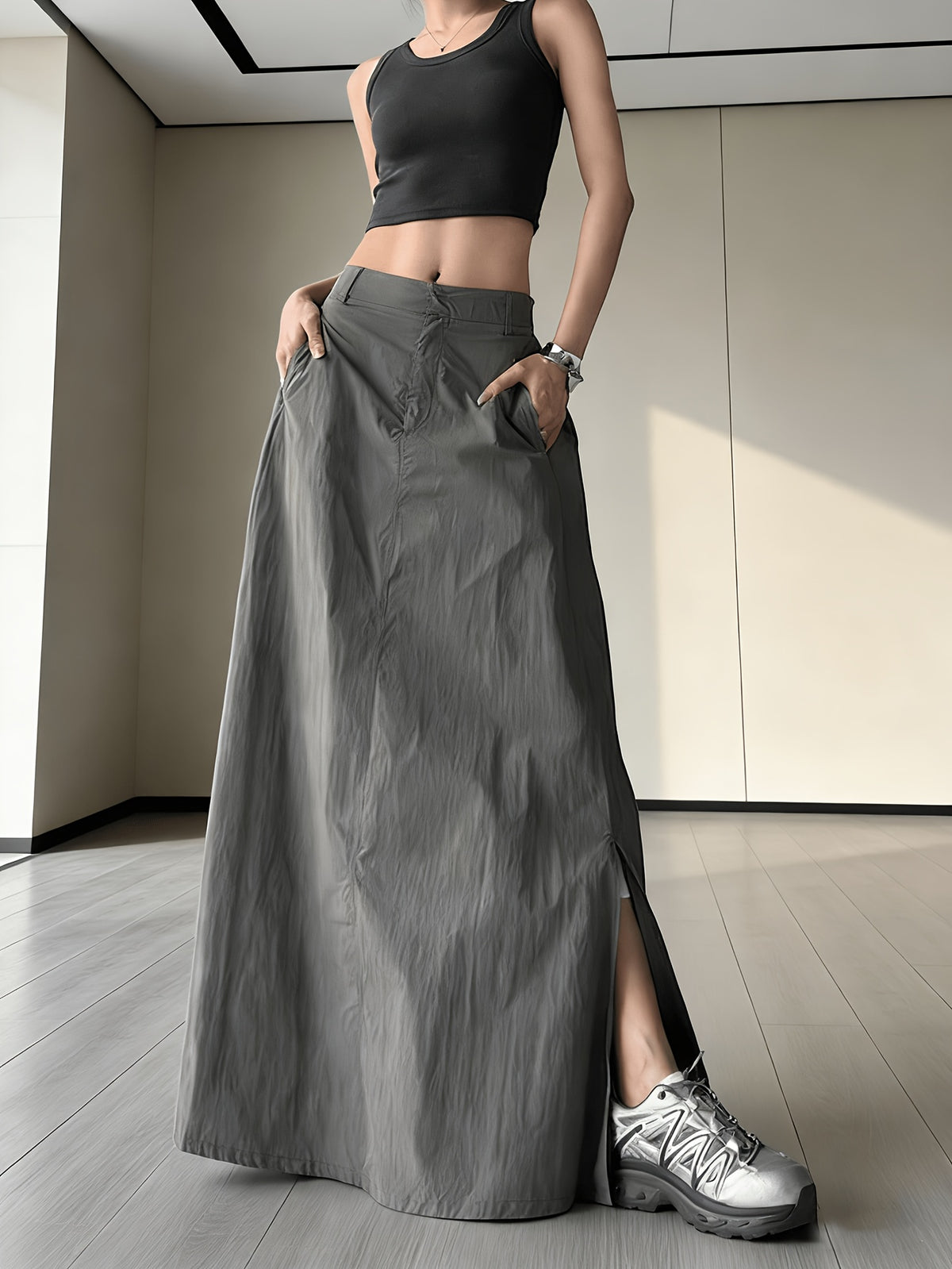 American Workwear Skirt Women'S 2025 New High-Waist Vintage Side Pleat Design A-Line Butt-Hugging Long Dress - Grey