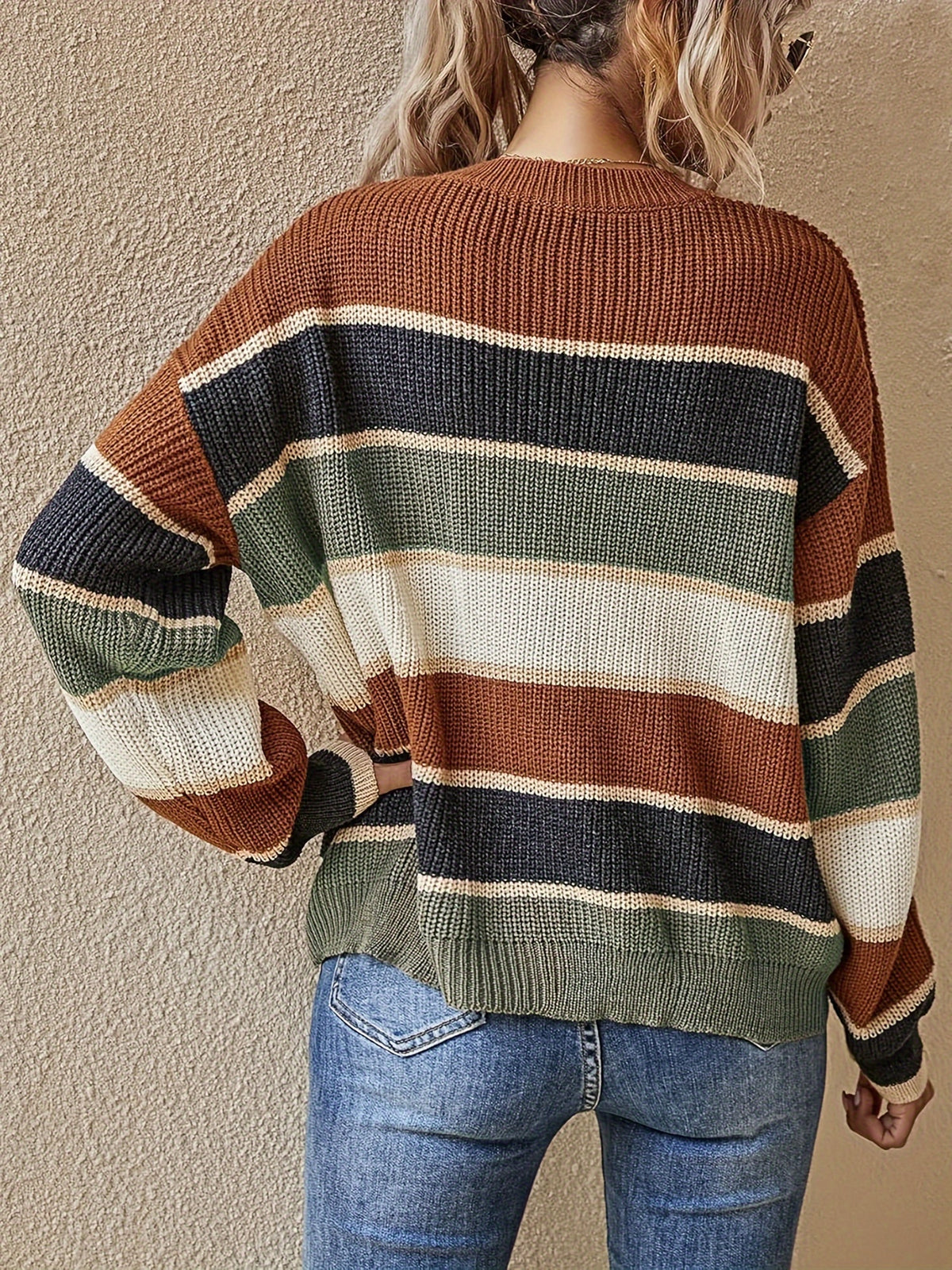 Women'S Color Block Striped Pullover Sweater - Cozy Long Sleeve Crew Neck, Loose Fit, Fall/Winter Casual Top with Green, Brown, and Beige Stripes, Casual Winter Wear | Relaxed Fit Top | Construction, Sweater Dress, Fall Clothe For Women, Fall Sweater For - Mixed Color 1