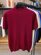 [Wading Whale OBM] 1pc Spring Summer New Men'S Knit Pullover Sweater, Old Money Style Textured Solid Color Short Sleeve T-Shirt, Casual Fashion Thin Breathable Ribbed Pullover Sweater Base Layer Top, Suitable for Spring And Summer Wear - Burgundy