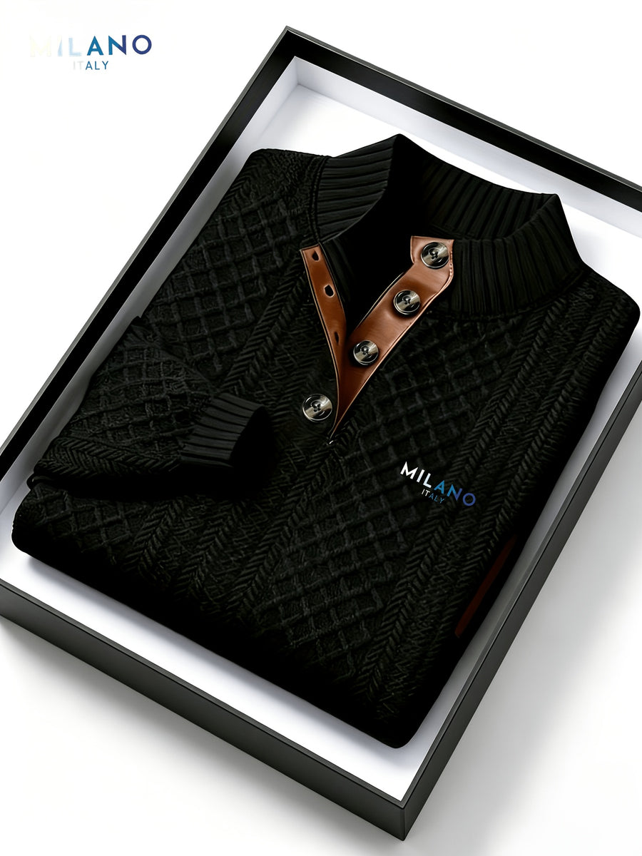 MILANO Italian Stand Collar Men'S Sweater Autumn Winter Jacquard Diamond Check Business Casual Half-Button Pullover, Knit - Black