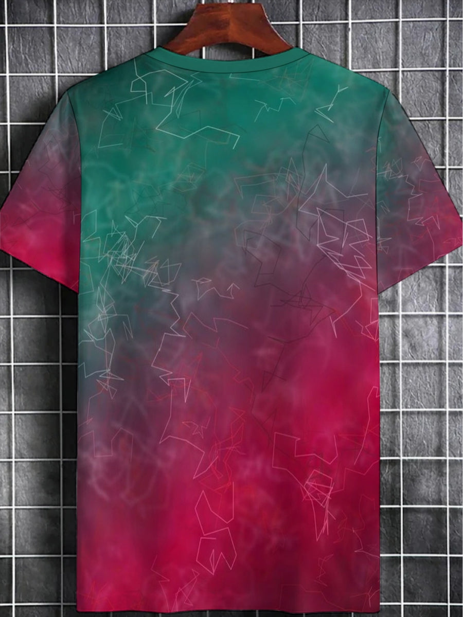 Men's Gradient Tie-Dye T-Shirt - Ombre Green to Red Color Shift, Soft Breathable Fabric, Lightweight Round Neck Casual Shirt Suitable for Gym, Outdoor & Casual Attire, Machine Washable Suitable for Home, Fitness, and Outdoor Activities - Mixed colors