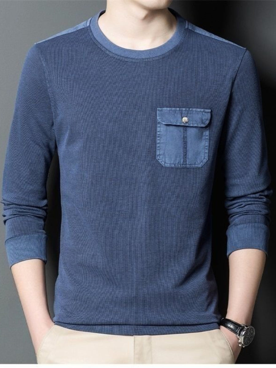 Men'S Round Neck Waffle Long Sleeve T-Shirt, Washed Distressed Craft Button Pocket Top, Comfortable Breathable Casual All-Match - Navy Color