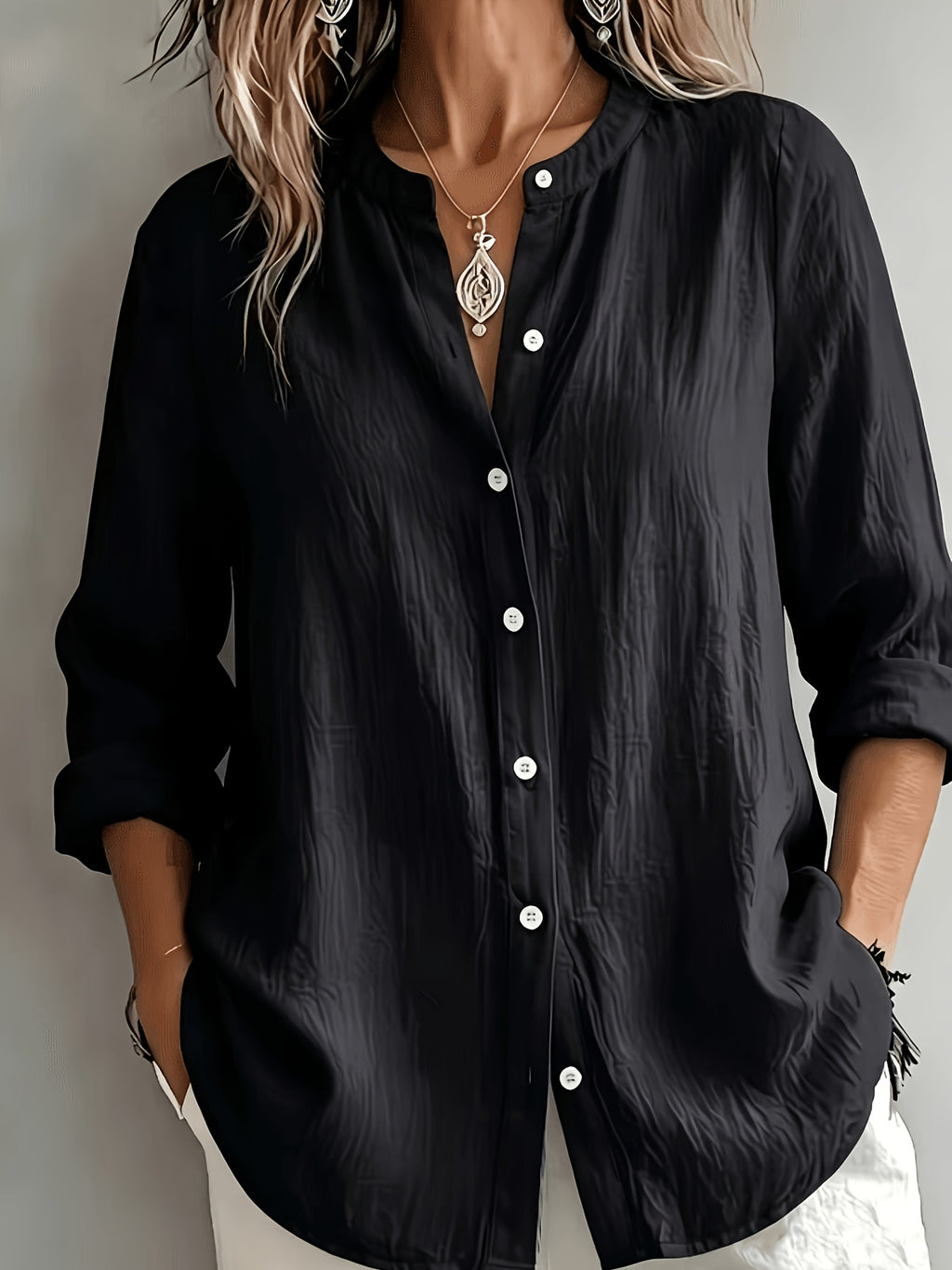 Elegant Special Edition Women'S Blouse - Long Sleeve Button-Up Solid Shirt, Breathable, Comfortable, Soft, Round Neck, Medium Stretch And Machine Washable, Suitable for Office, Commute, Or Formal Events, Refined Casual - Black