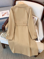 Fall Winter Women'S Wide Lapel Mid-Length Belted Trench Coat, Loose Long Sleeve Windbreaker with Triangle Buckle Waist Belt, Elegant Outerwear for Daily Commute, Business Office, Dating, Weekend Gatherings, Social Events, And City Strolls - Khaki